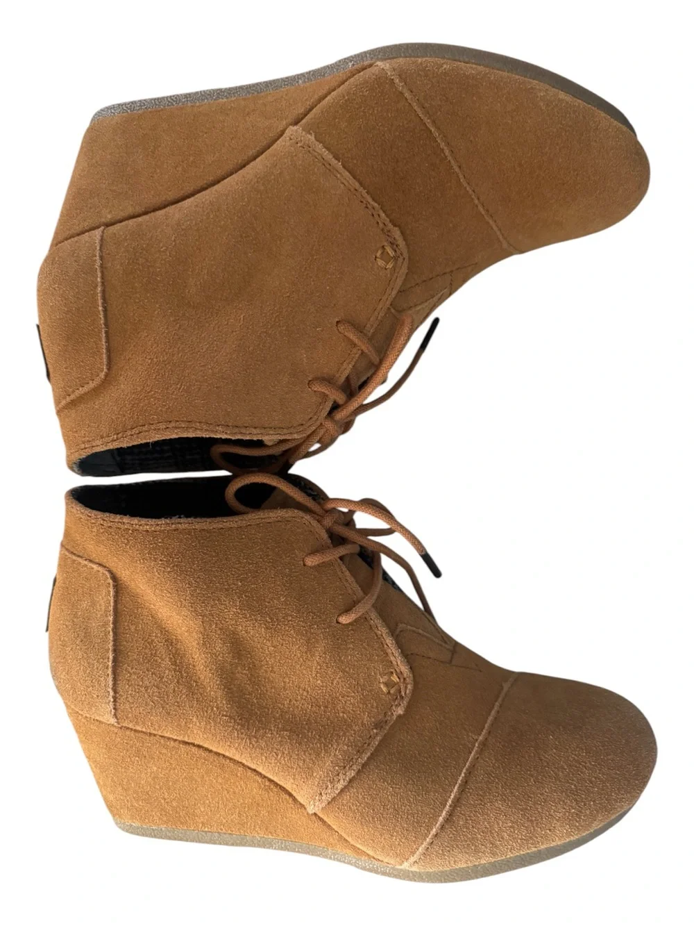 TOMS Desert Wedge Booties Tan Camel Suede Lace Up Heel 7W
